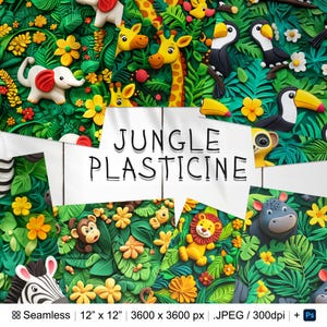 Puede incluir: Un collage digital de animales de la selva hechos de plastilina colorida. Los animales incluyen una jirafa, un tucán, un elefante, una cebra, un mono, un león y un hipopótamo. El fondo es una escena de selva verde con hojas, flores y enredaderas.