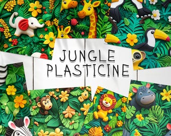 20 Plasticine Jungle Animals Seamless Pattern Background | Animals Digital Seamless Textures | Plasticine Animals Photoshop Patterns