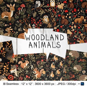 May include: A set of 8 digital seamless patterns featuring woodland animals, including deer, owls, bears, squirrels, rabbits, and hedgehogs. The patterns are on a black background with red berries and green foliage. Each pattern is 12 inches by 12 inches and 3600 pixels by 3600 pixels.