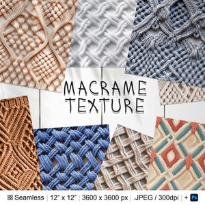 以下が含まれることがあります： ベージュ、白、青、茶色など、さまざまな色のマクラメテクスチャのコレクション。画像にはさまざまな織り模様があり、中央に「MACRAME TEXTURE」という文字があります。画像は30.48 cm x 30.48 cmで、シームレスです。