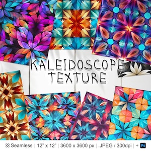 May include: A set of eight 12-inch by 12-inch seamless kaleidoscope patterns in vibrant colors, including blue, red, orange, yellow, and purple. The patterns are geometric and intricate, with a variety of shapes and designs. The text "KALEIDOSCOPE TEXTURE" is written in black on a white background.