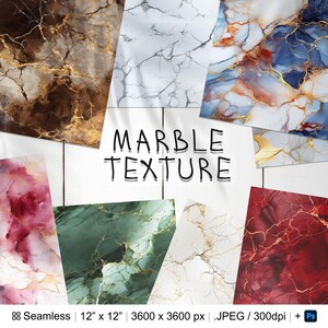 Könnte beinhalten: Ein Set mit 8 nahtlosen digitalen Papiermustern mit verschiedenen Marmortexturen mit goldenen Akzenten. Die Muster sind 30,48 cm x 30,48 cm groß und haben eine Auflösung von 3600 Pixel x 3600 Pixel. Die Muster sind im JPEG-Format und mit 300 dpi.
