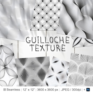 Pode incluir: Um conjunto de oito padrões de papel digital sem costura de 30,5 cm por 30,5 cm com texturas guilloché em preto e branco. Os padrões são perfeitos para criar fundos, convites e outros designs digitais.