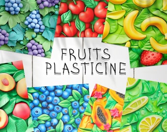 20 Plasticine Fruits Seamless Pattern Background | Fruits Digital Seamless Textures | Photoshop Fruits Patterns | Cherry Fruit Digital Paper