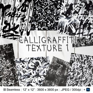 May include: A selection of black and white calligraffiti textures. The image features diverse patterns, including drips, swirls, and abstract shapes. The text "CALLIGRAFFITI TEXTURE 1" is visible. The seamless textures are 30.48 cm x 30.48 cm and 3600 x 3600 px.