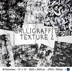 May include: A set of 6 digital seamless patterns featuring black and white graffiti-style calligraphy. The patterns are 12 inches by 12 inches and 3600 pixels by 3600 pixels. The patterns are in JPEG format and 300 dpi.
