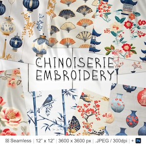 May include: A digital download of 10 seamless patterns featuring chinoiserie embroidery designs. The patterns include floral motifs, bamboo, lanterns, and vases. The patterns are 12 inches by 12 inches and 3600 pixels by 3600 pixels.