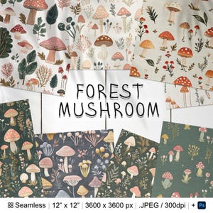 Puede incluir: Cuatro diseños de papel digital que presentan un patrón sin costuras de hongos y follaje de acuarela en tonos de marrón, verde, rosa y blanco. El texto "FOREST MUSHROOM" se muestra en una pancarta blanca.