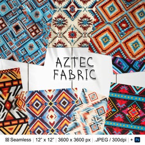 Puede incluir: Ocho patrones de papel digital sin costuras que presentan diseños aztecas vibrantes en rojo, azul, amarillo y negro. Los patrones son de 12 pulgadas por 12 pulgadas y 3600 píxeles por 3600 píxeles.