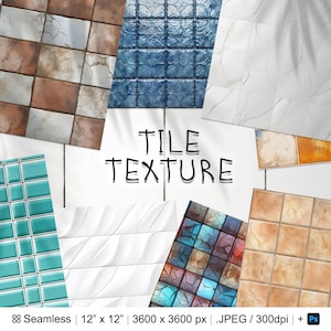 Könnte beinhalten: Eine Sammlung von 10 nahtlosen Fliesentexturen in verschiedenen Farben und Mustern, darunter Blau, Braun, Weiß und Grün. Die Fliesen sind 30,48 cm x 30,48 cm groß und haben eine Auflösung von 3600 Pixel x 3600 Pixel. Das Bild ist eine JPEG-Datei mit einer Auflösung von 300 dpi.