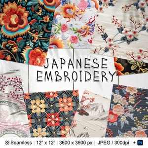 May include: A collection of six seamless digital paper patterns featuring Japanese embroidery designs. The patterns include floral motifs, dragons, and geometric patterns in a variety of colours, including red, blue, green, and white. The patterns are 12 inches by 12 inches and 3600 pixels by 3600 pixels.