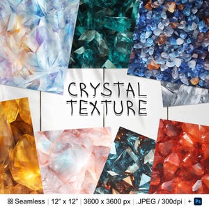 Puede incluir: Un collage digital de 10 texturas de cristal diferentes. Las texturas son de varios colores, incluyendo azul, verde, rojo, naranja y rosa. El collage está etiquetado como "CRYSTAL TEXTURE" e incluye los detalles "8 Seamless 12" x 12" 3600 x 3600 px.JPEG/300dpi + Ps".