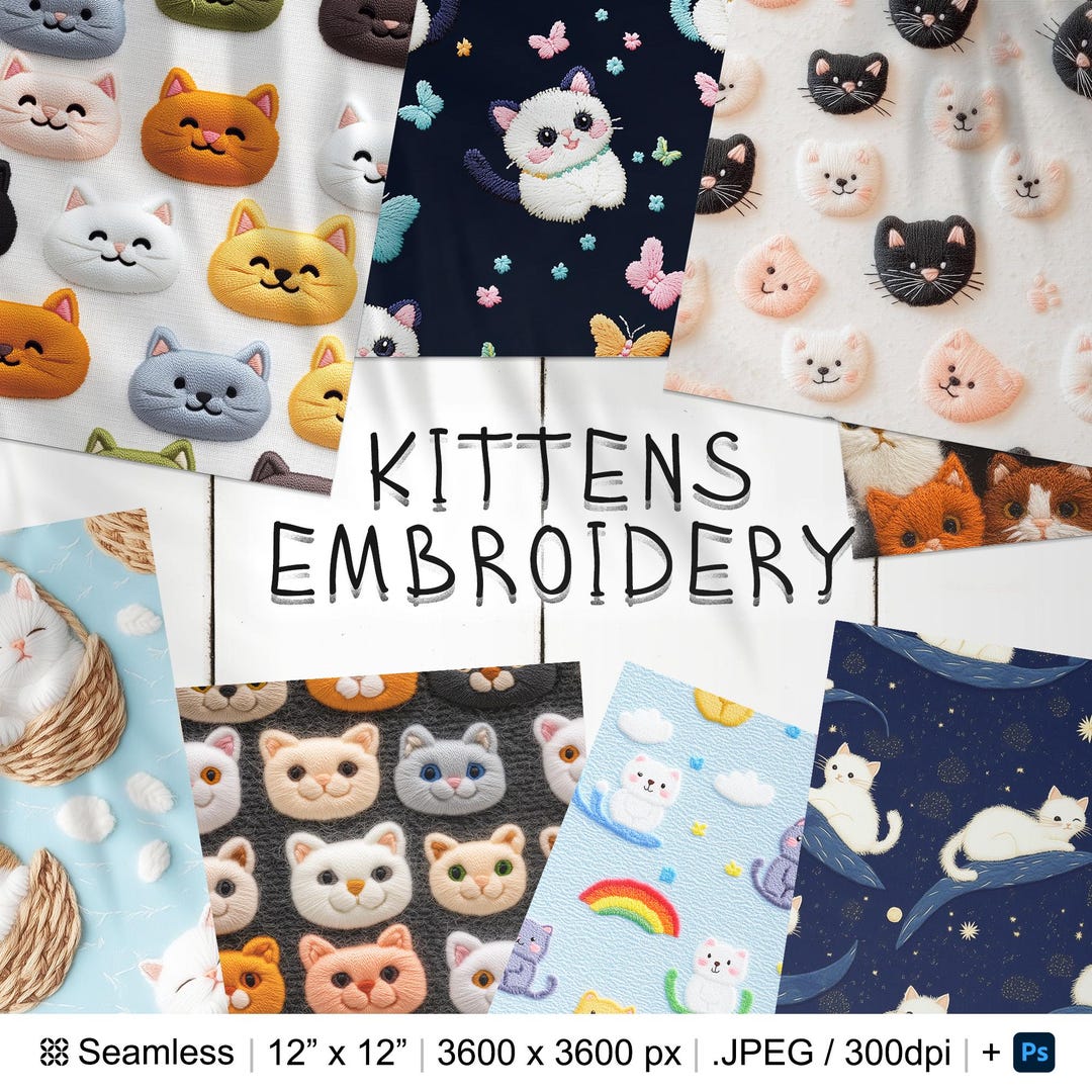 25 Kittens Embroidery Seamless Pattern Background | Cute Cats Digital ...