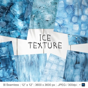 May include: A selection of seamless ice textures in shades of blue. The image features diverse patterns, including ice cubes, cracked ice, and icicles. The text "ICE TEXTURE" is displayed in black. The image is 30.48 cm x 30.48 cm.