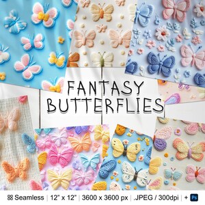 Könnte beinhalten: Ein Set mit 8 digitalen Papiermustern mit bunten, fantasievollen Schmetterlingen. Jedes Muster ist 12 Zoll mal 12 Zoll groß und hat eine Auflösung von 3600 Pixel mal 3600 Pixel. Die Muster sind nahtlos und perfekt für Bastelprojekte.