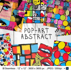 May include: A set of 12-inch by 12-inch digital paper featuring a pop art abstract design with bright colours, geometric shapes, and bold lines. The design includes red, yellow, blue, black, and white colours. The text "POP-ART ABSTRACT" is written in black on a white background.