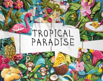 20 Tropical Paradise Embroidery Seamless Pattern Background | Flamingo Digital Seamless Textures | Tropical Coconuts Photoshop Patterns