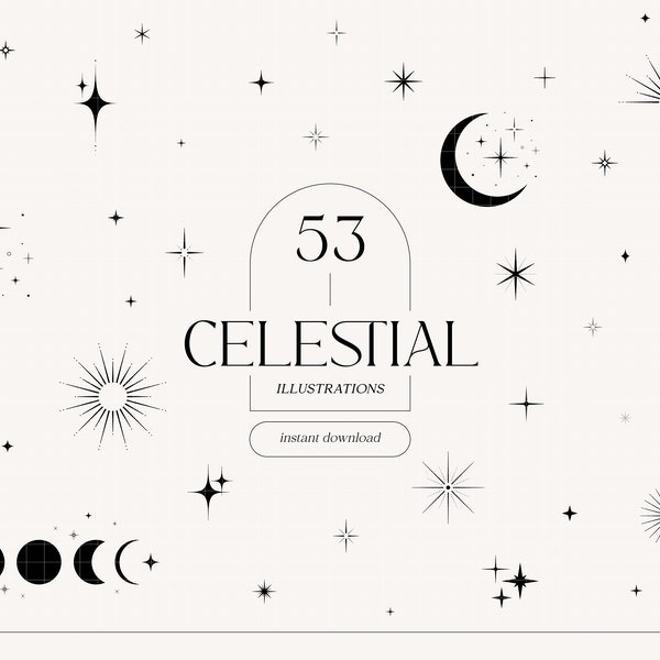 CELESTIAL Illustrations | Digital Download | Minimalistic Stars SVG PNG Files Moon Zodiac Logo Graphics Sparkle Galaxy Clipart Icons Canva