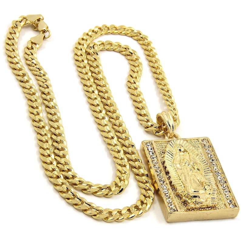 Custom 14k Men/'s Gold Plated Block Virgin Mary Pendant Hip-Hop Cz Pendant 24 Cuban Chain Necklace