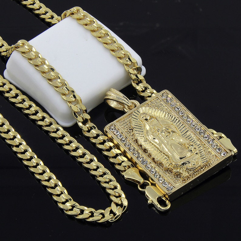 Custom 14k Men/'s Gold Plated Block Virgin Mary Pendant Hip-Hop Cz Pendant 24 Cuban Chain Necklace