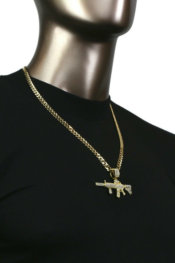 Mens 14k Gold Plated ACR Gun Pendant Hip-Hop 30" Cuban Necklace Chain