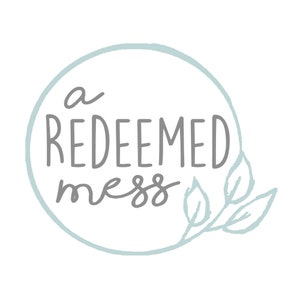 May include: A light blue circle with the text "a redeemed mess" in gray lettering. A small gray branch with leaves is on the right side of the circle.