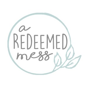 May include: A light blue circle with the text "a redeemed mess" in gray lettering. A small gray branch with leaves is on the right side of the circle.