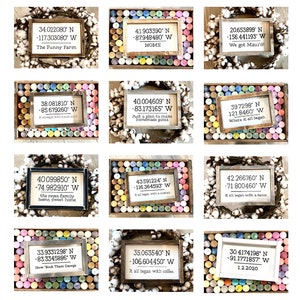 May include: Nine wooden signs with white text and black borders, each with a different location and phrase. The signs are surrounded by colorful paint caps.