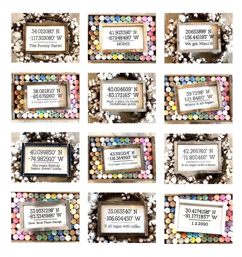 May include: Nine wooden signs with white text and black borders, each with a different location and phrase. The signs are surrounded by colorful paint caps.