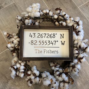 May include: A rectangular wooden sign with a dark brown frame and a white background, featuring the black text 43.267268&deg; N -82.555347&deg; W and The Fishers, centered within a circular wreath made of white cotton bolls and brown woody stems.