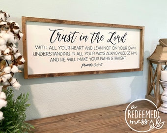 Trust in the Lord with all your heart, hand painted sign, wood framed, Proverbs 3:5-6 sign