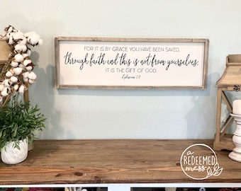 Hand-Painted Ephesians 2:8 Sign - Saved by Grace Scripture Art
