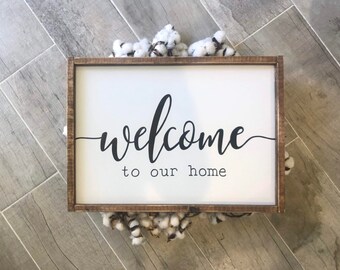 Welcome to our home wooden framed sign