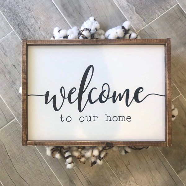 Welcome to our home wooden framed sign