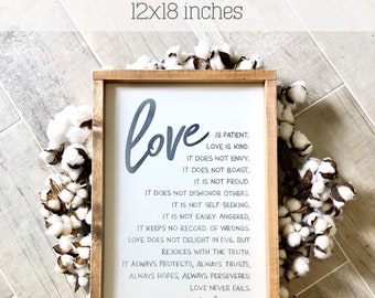 Hand-Painted "Love is Patient" Framed Wood Sign - 1 Corinthians 13:4-8.