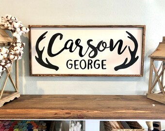 Hand Painted Antler Name Sign: Woodland Baby Boy Nursery Decor.