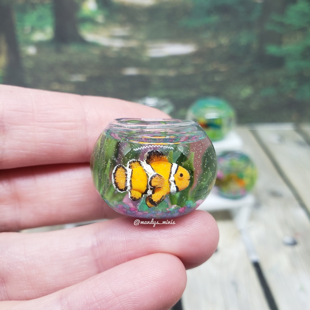 Miniature Fish Bowl, Clown Fish, OOAK, Dollhouse Miniatures, Polymer