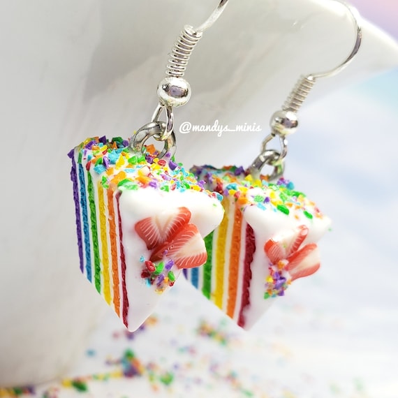 Rainbow Cake Slice Earrings Strawberry and Sprinkles Etsy