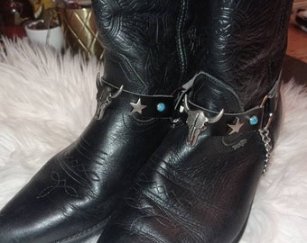 Western Boot Straps, turquoise stone, bison head