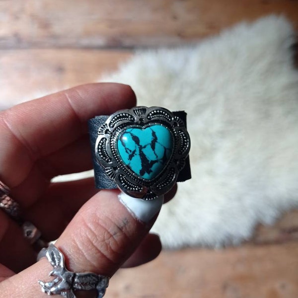 PU Leather neckerchief slide with turquoise heart, Bandana ring