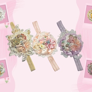 May include: Three decorative headbands with floral and beaded embellishments. One headband has a gold band, the second has a peach band, and the third has a lavender band. Each headband features lace, ribbons, and pearls.