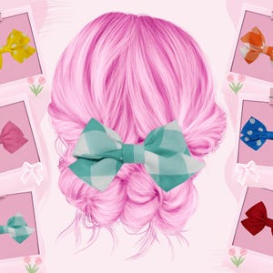 May include: A collection of colorful hair bows, including yellow polka dot, pink, orange gingham, blue polka dot, red, and teal gingham, are displayed on pink hair. The bows are arranged in a collage-style presentation.