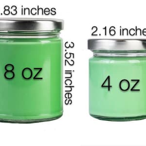 May include: Two green glass candle jars with silver lids. The larger jar is 8 oz and measures 2.83 inches in diameter and 3.52 inches in height. The smaller jar is 4 oz and measures 2.16 inches in diameter and 2.75 inches in height.