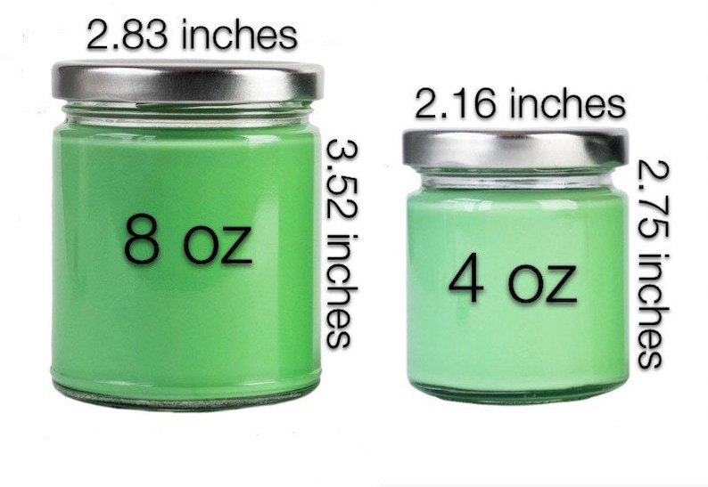 May include: Two green glass candle jars with silver lids. The larger jar is 8 oz and measures 2.83 inches in diameter and 3.52 inches in height. The smaller jar is 4 oz and measures 2.16 inches in diameter and 2.75 inches in height.