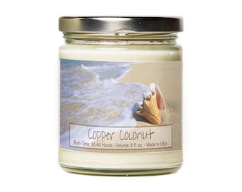 Copper Coconut Scented Hand-Poured Soy Candle - Suntan Lotion Scented - Stocking Stuffer - Beach House Decor - Gift for Beach Lover