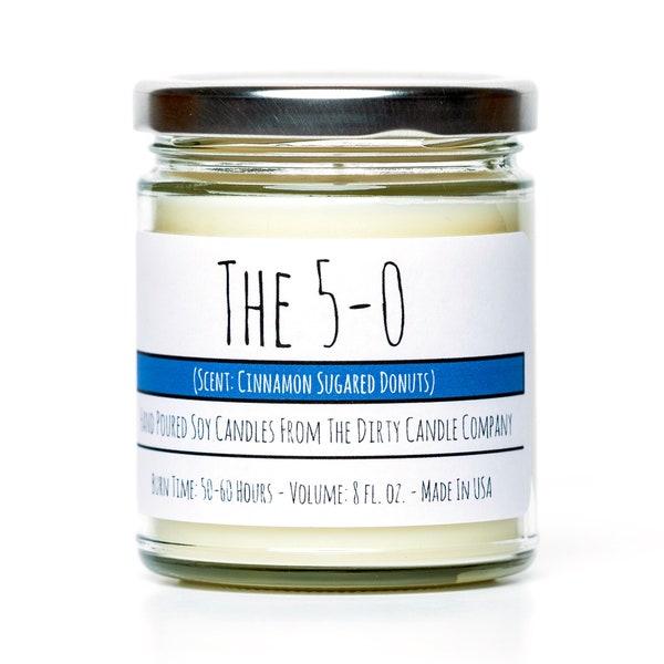 The 5-0™ Hand-Poured Soy Candle - Cinnamon Sugared Donuts Scented - Law Enforcement Police Officer Gift - Back the Blue - Funny Candle