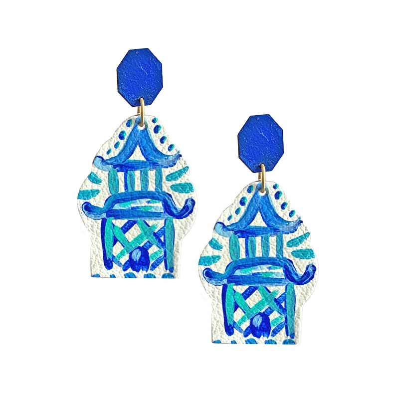 Lightweight Earrings Hand Painted Earrings Chinoiserie Earrings Pagoda Earrings Blue Earrings Statement Earrings