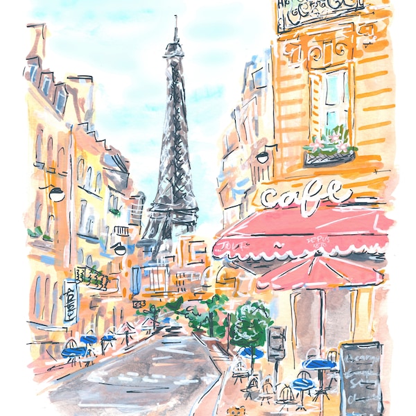 A Parisian Moment Art Print, Paris Art Print, Travel Art, France Art Print, Paris Illustration, Eiffel Tower Art, Cafe Art Print, Pink Paris