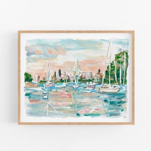 Chicago Beach Art, Sailing The City Print, Sailboat Art, Coastal Art, Chicago Cityscape, Montrose Beach, Chicago Sunset, Gouache