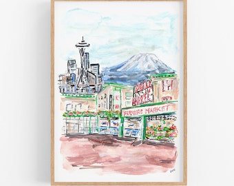 Seattle Art Print, Seattle Illustration, Seattle Artwork, Pike Place Market, Travel Art Prints, Space Needle, Skyline Print